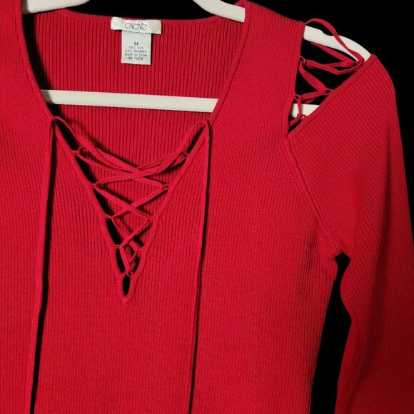 Cache Womens Red Silk Blend Ribbed Lace Up Cold Shoulder Long Sleeve Top Medium - Picture 4 of 10